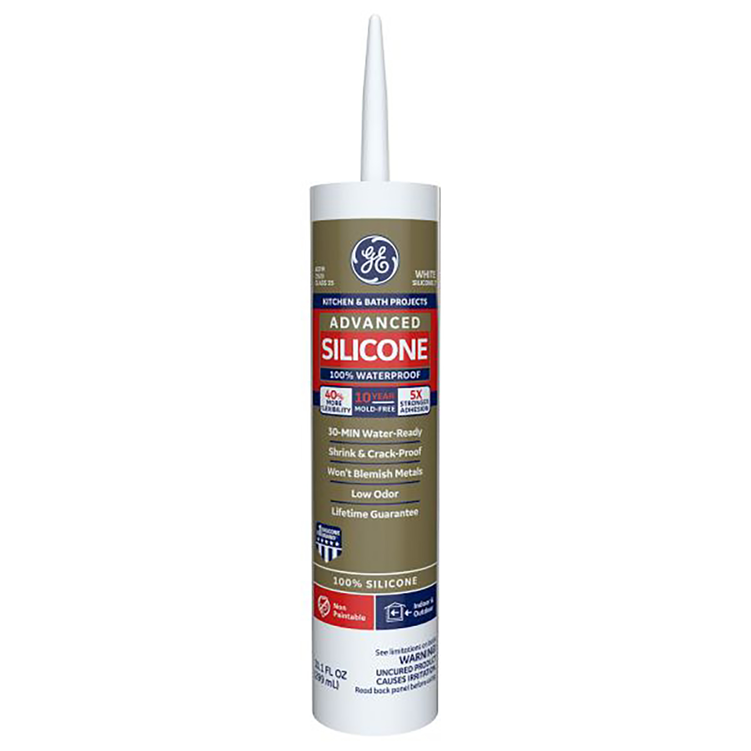GE Advanced Silicone Kitchen & Bath Sealant, White, 10.1  Oz. Cartridge