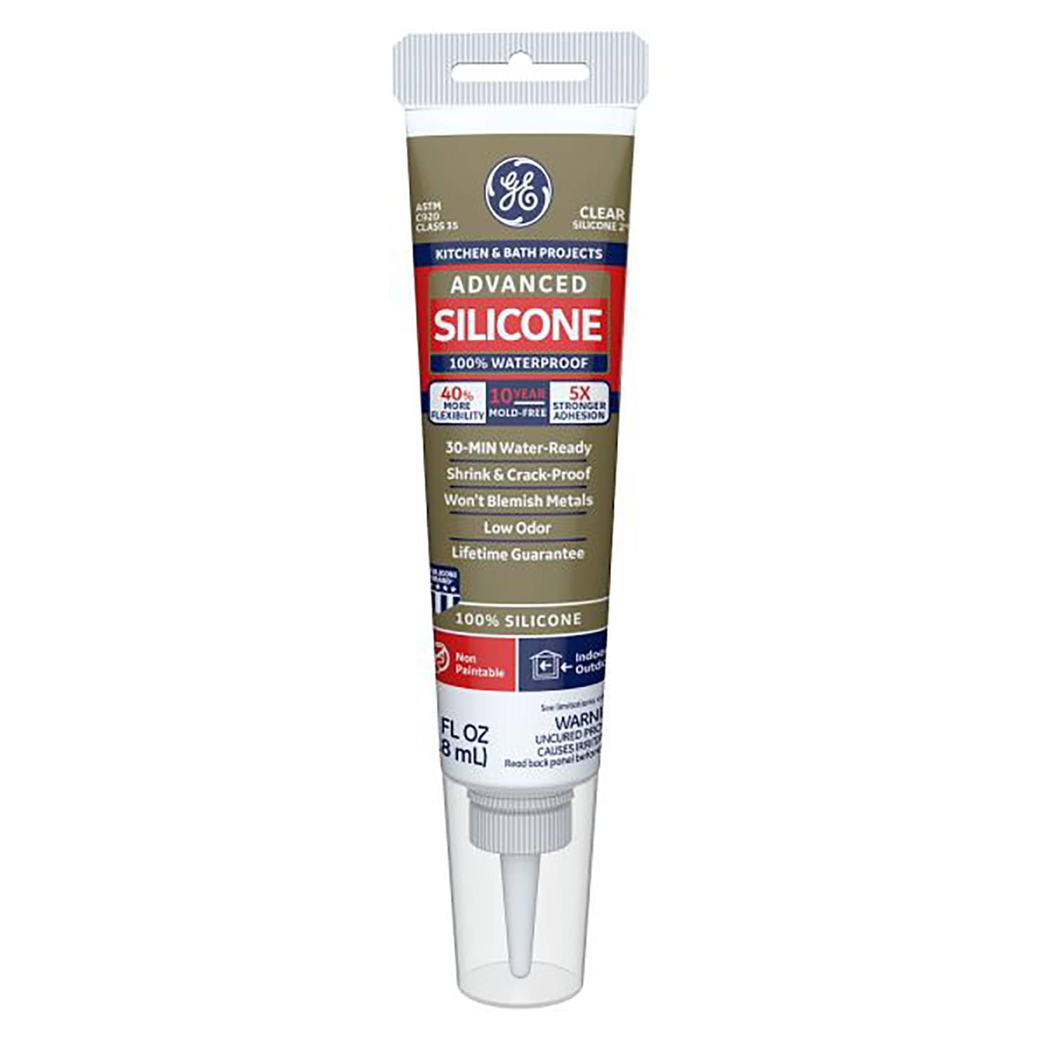 GE Advanced Silicone Kitchen & Bath Sealant, Clear, 2.8  Oz. Tube
