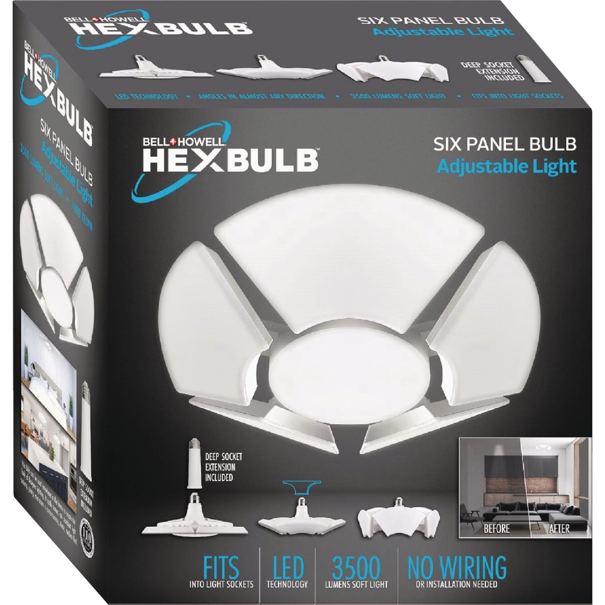 Hex Bulb Folding Socket Light, 6 Light Panels
