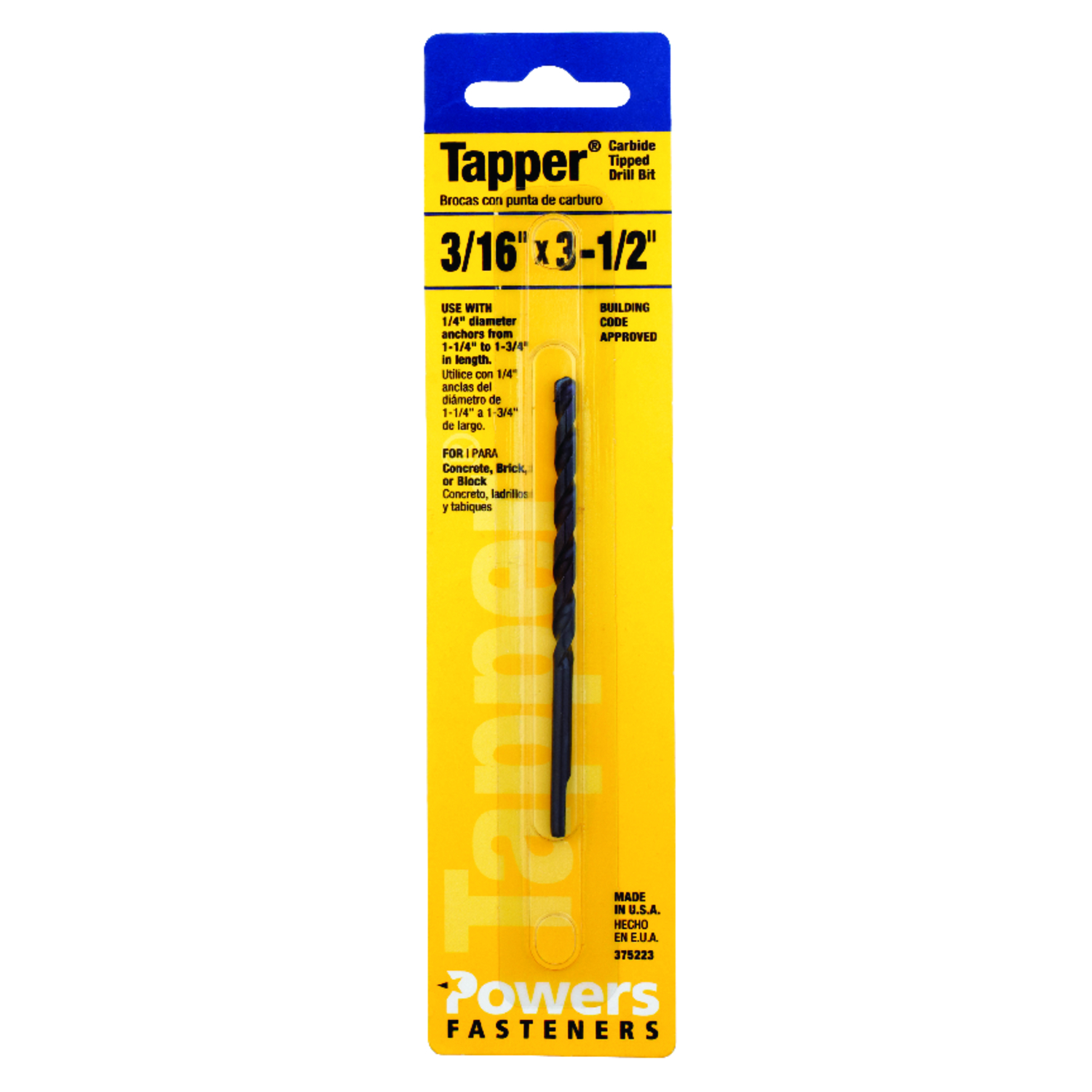 Masonry Tapper Carbide Drill Bit, 3/16 x 3.5-In.