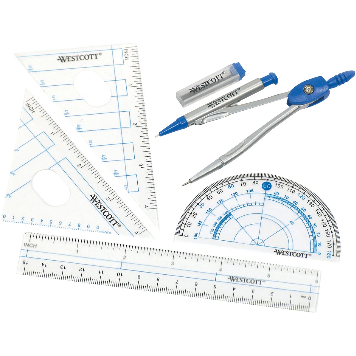 6-piece Geometry Kit With Compass, Ruler, Protractor & Triangles