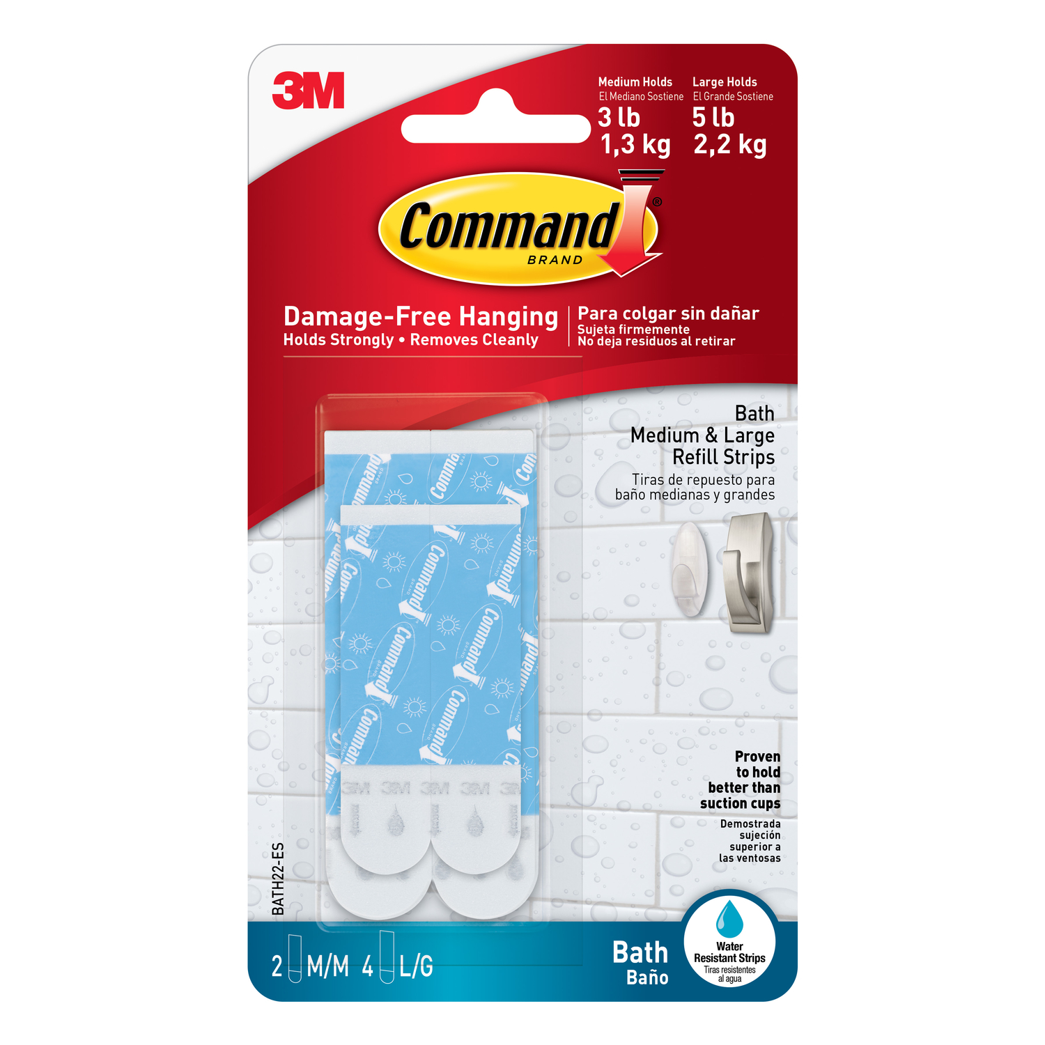 Command Assorted Water/Bath Resistant Refill Strips, 2 Medium and 4 Large Strips