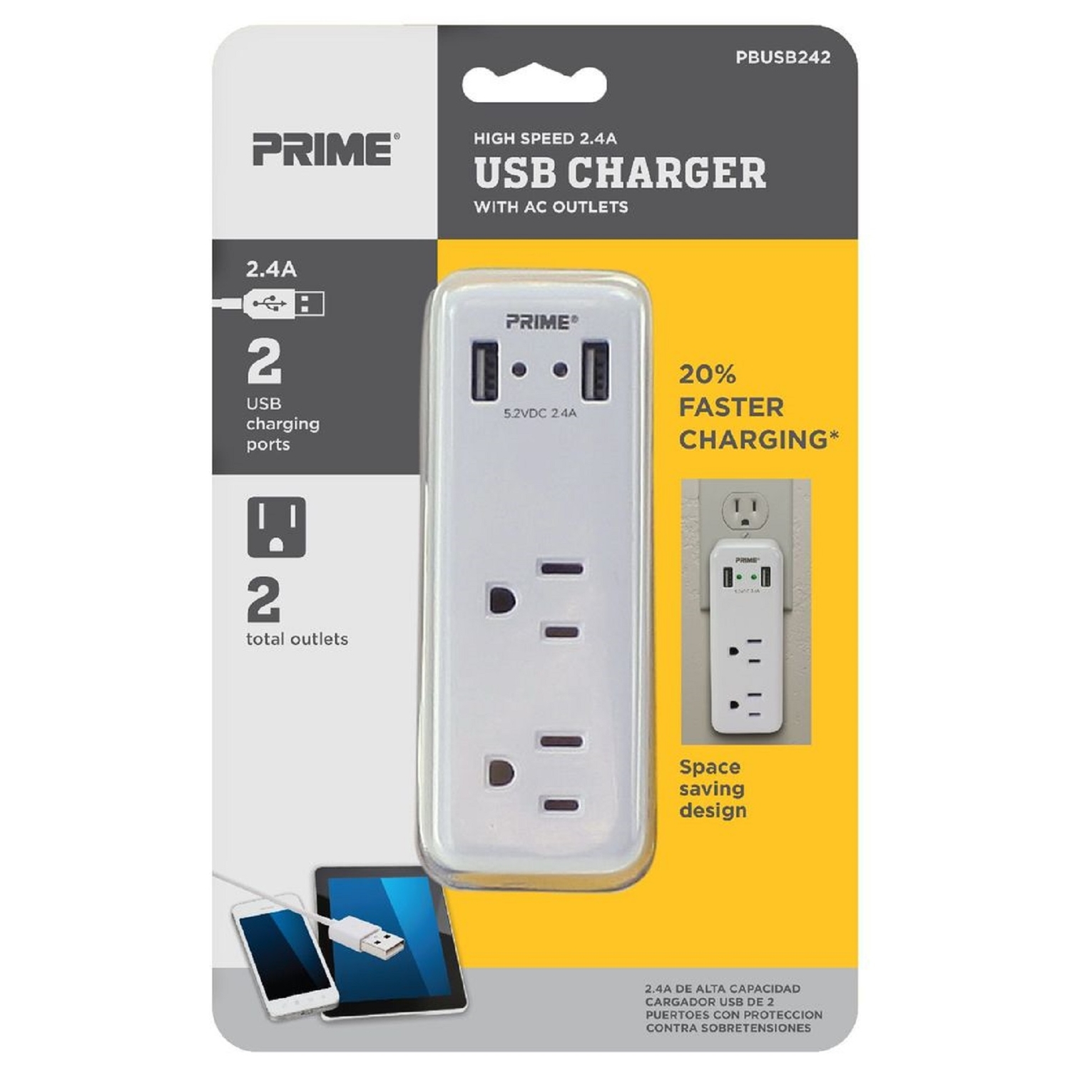 Prime Wire & Cable 2 Power & 2 USB White Space Saving USB Wall Charger