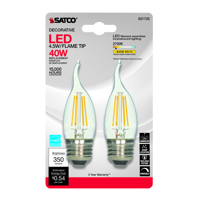 Satco Nuvo 40W Equivalent Warm White Clear CA10 Medium LED Decorative Light Bulb (2-Pack)