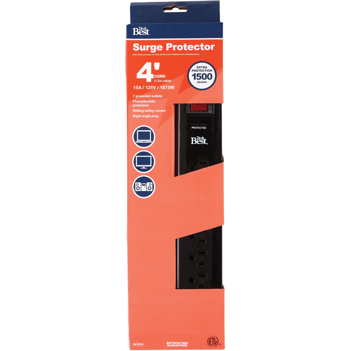 7-outlet 1500 Joules Black Surge Protector Strip With 4 Ft. Cord