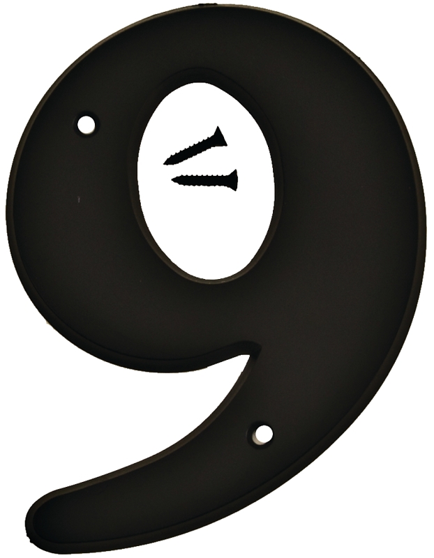6 In. Black Gloss Plastic House Number Nine With Mounting Screws