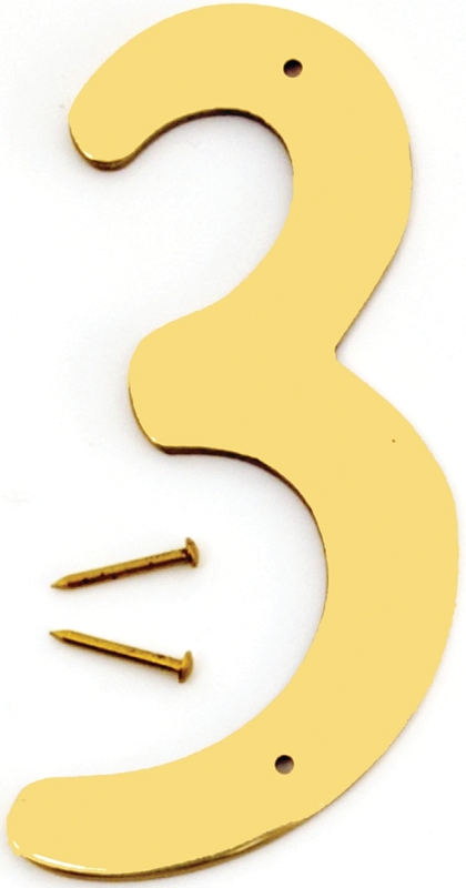 4 In. Polished Brass House Number Three - Decorative Address Sign