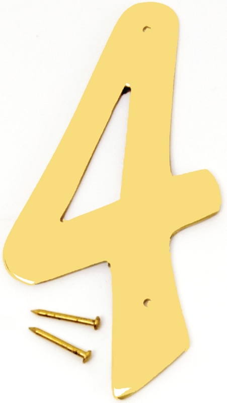4 Inch Polished Brass House Number Four - Decorative Address Sign