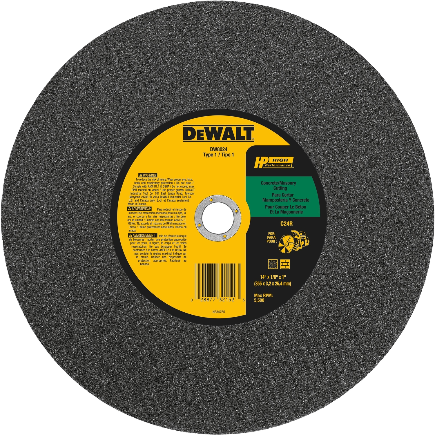 Concrete Cutting Wheel, 1 x 1/8 x 14 In.