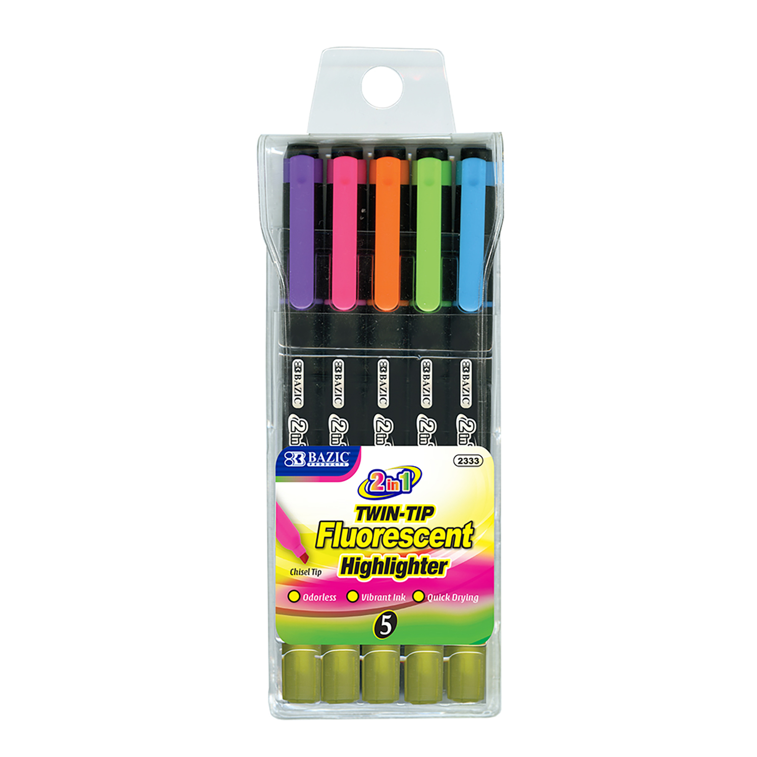 Bazic Products Twin Tip Neon Color Assorted Chisel Tip Highlighter 5 pk