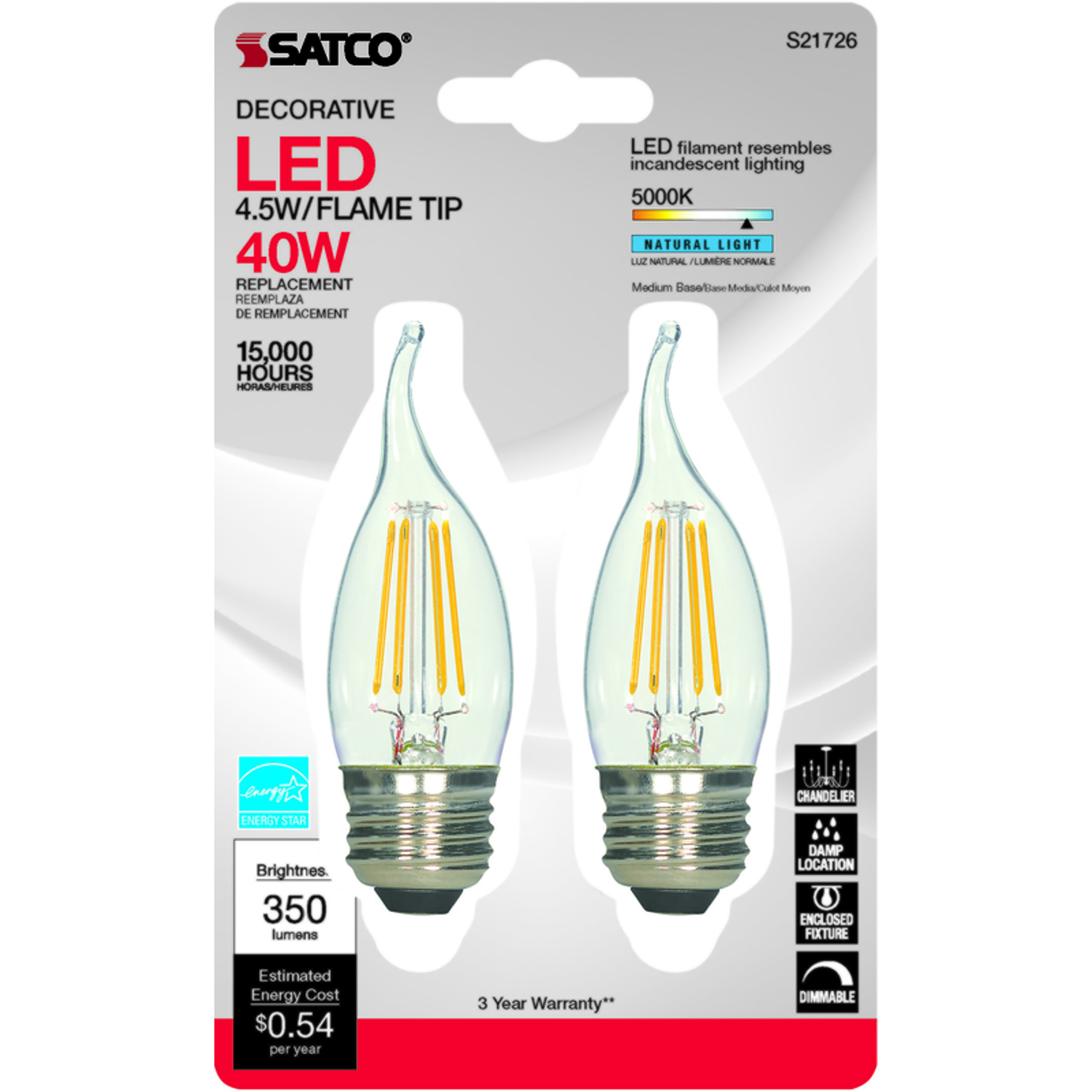 S21726 40W 5000K Clear Flame Tip Medium Base LED Bulb - Pack of 2