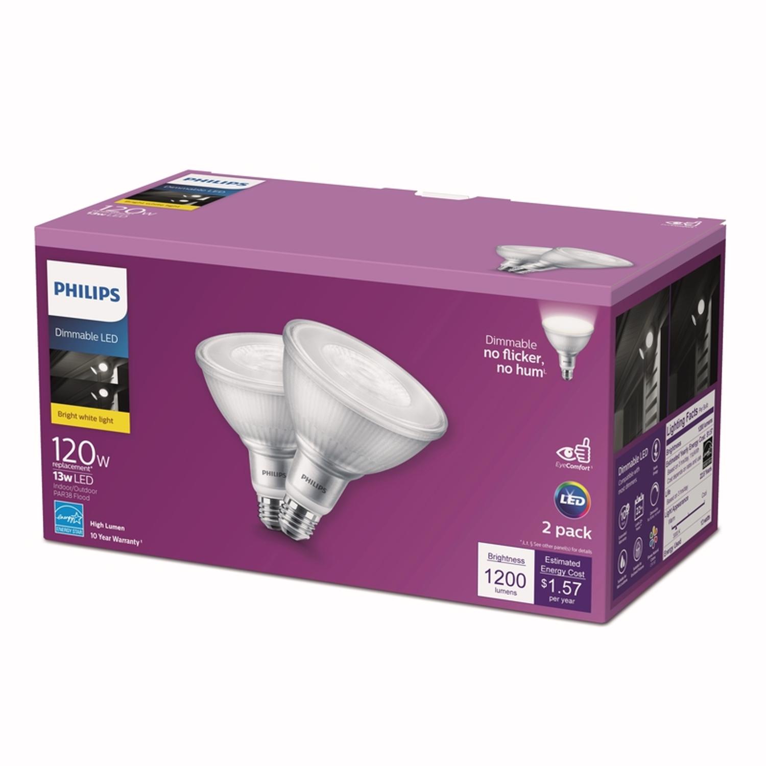 Philips 90W Equivalent Bright White PAR38 Medium Indoor/Outdoor LED Floodlight Light Bulb (2-Pack)