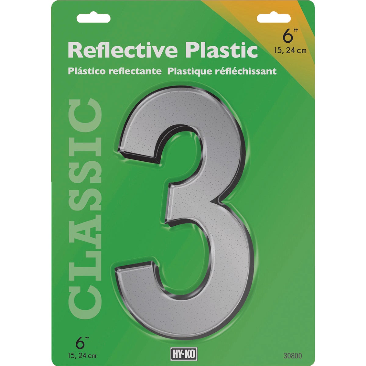 House Address Number 3, Screw-in, Reflective Plastic, 6-In.