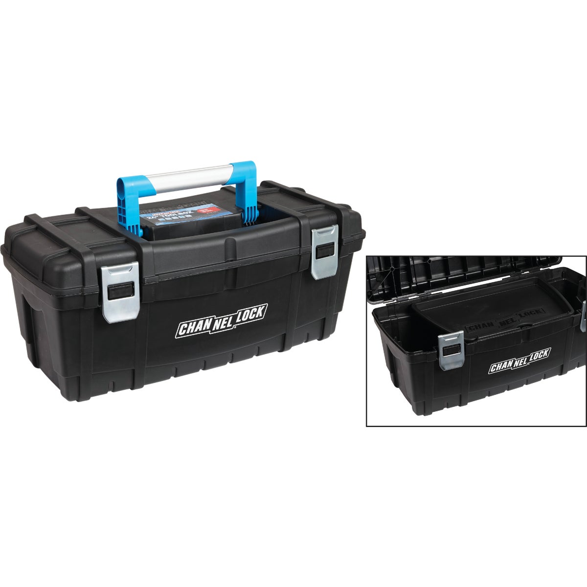 24 Inch Durable Plastic Toolbox With Removable Tray And Steel Latches