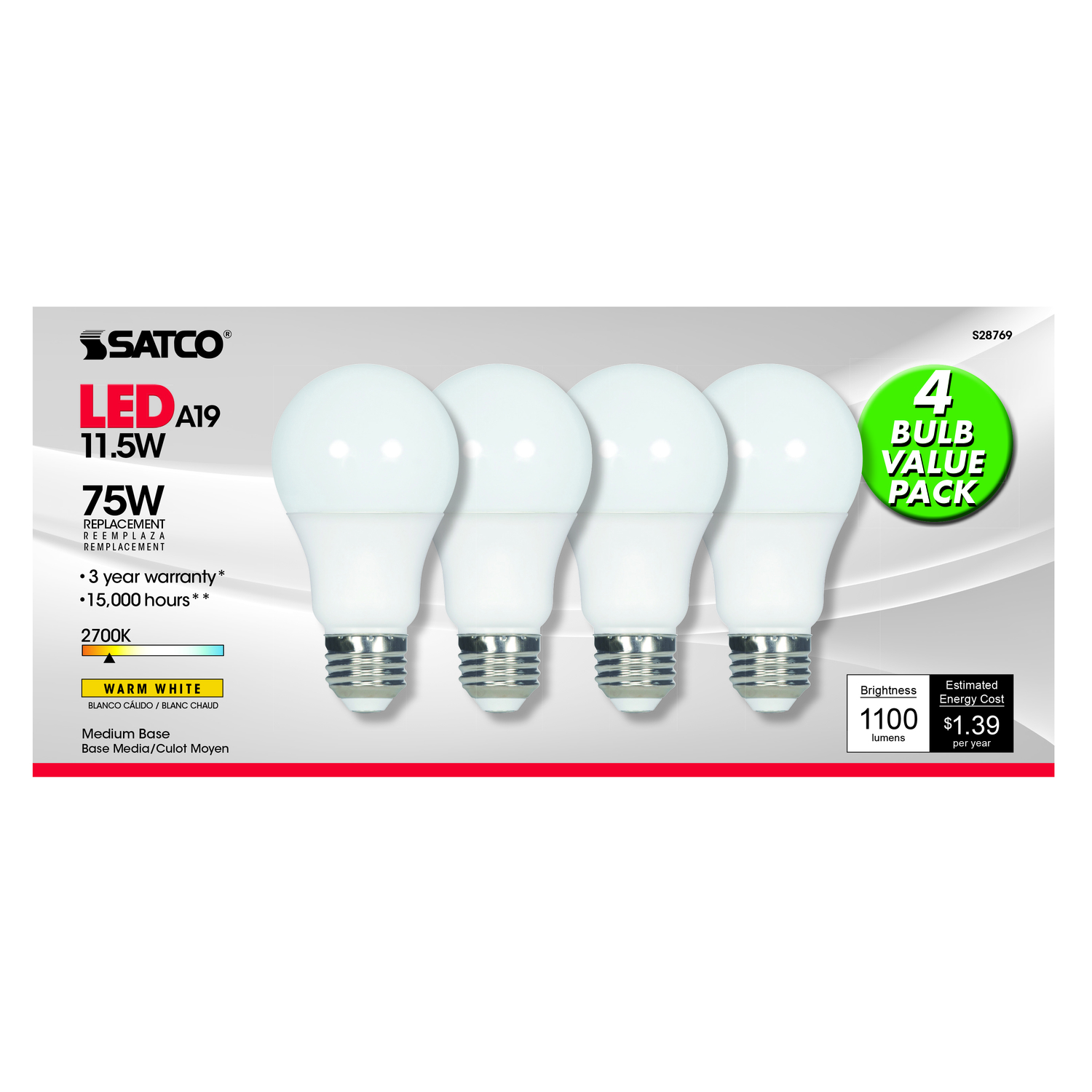 Satco 75W Equivalent Warm White A19 Medium LED Light Bulb