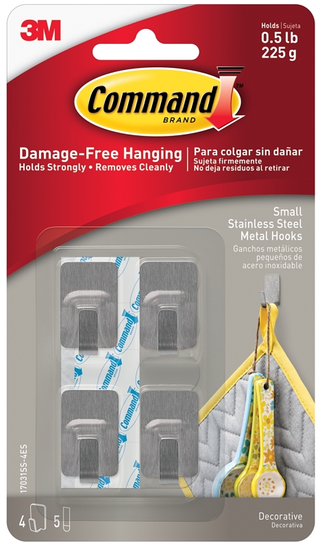 Command Small Stainless Steel Metal Hooks, 4 Hooks, 5 Strips