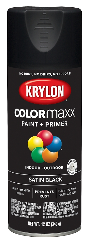 COLORmaxx Spray Paint + Primer, Satin Black, 12-oz.