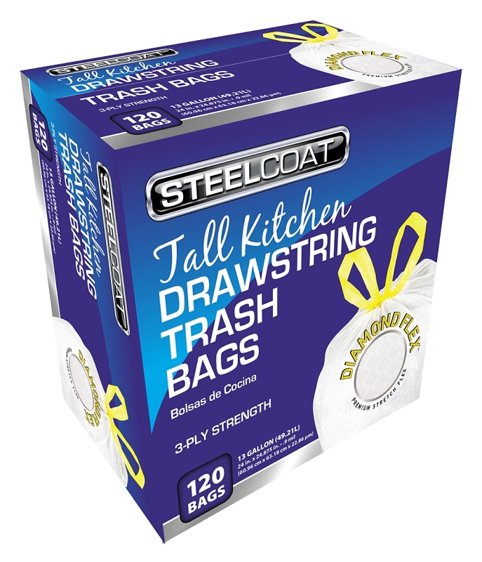 Steelcoat Diamond Flex 13 Gal. Unscented Tall Kitchen White Drawstring Trash Bag (120-Count)