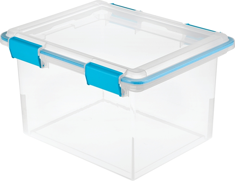 32 Quart Gasket Storage Tote With Clear Base And Blue Latches