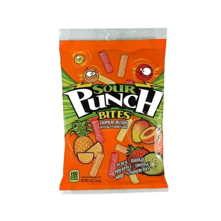 SOUR PUNCH TROPICAL BLENDS BITES 5 oz each (12ct) PEACH MANGO PINEAPPLE ORANGE KIWI STRAWBERRY