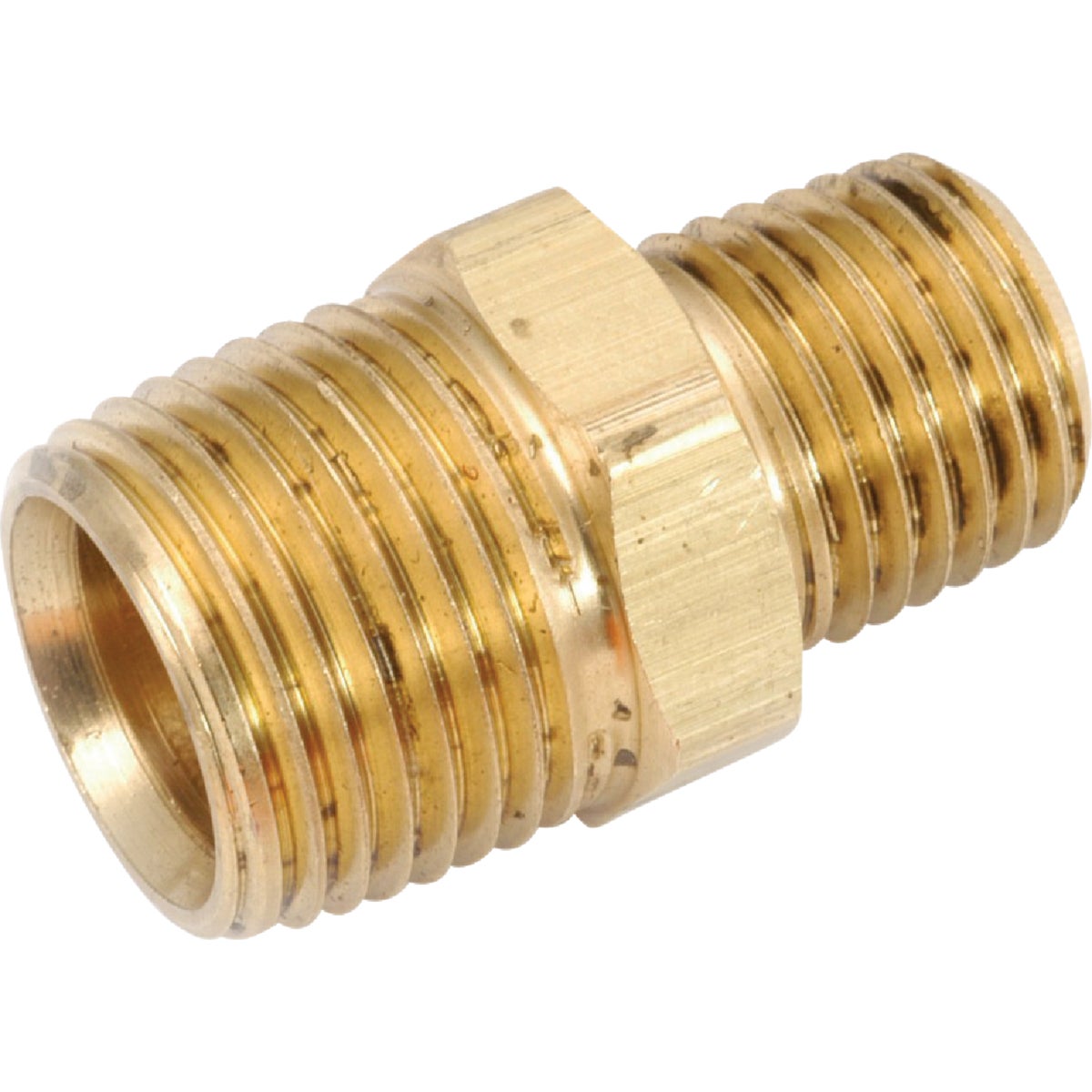 Pipe Fitting, Hex Reducing Nipple, Lead Free Brass, 1/4 x 1/8 In.