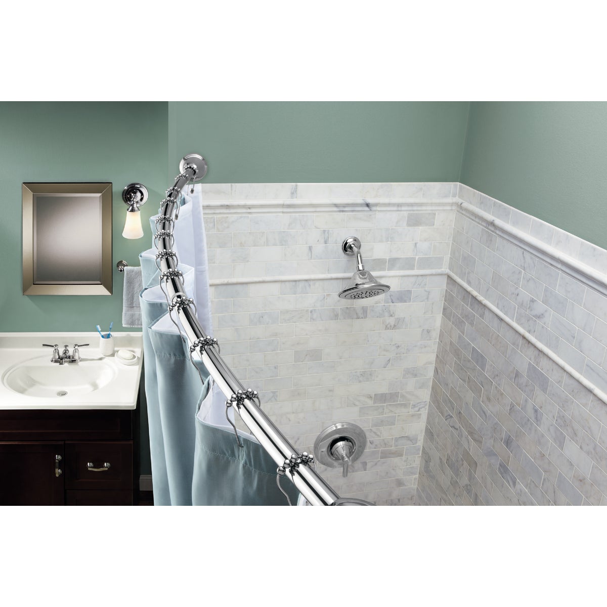 57 In. To 60 In. Curved Tension Shower Rod With Pivoting Flanges, Chrome