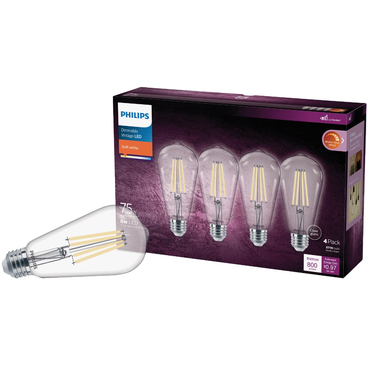 Philips Warm Glow 75W Equivalent Soft White ST19 Medium Vintage LED Decorative Light Bulb