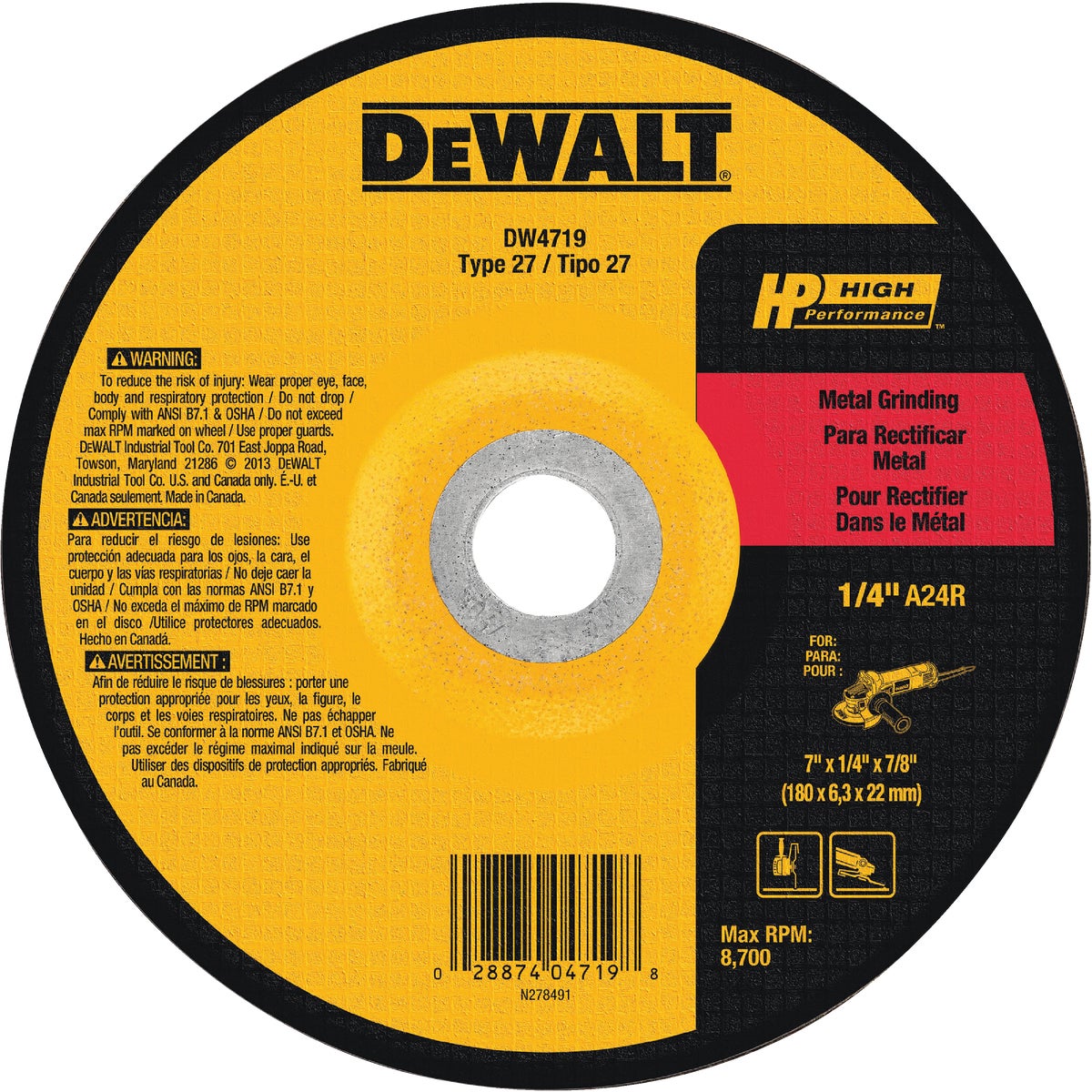 Hp Type 27 Cut-off Wheel 7 Inch X 1/4 Inch Thickness