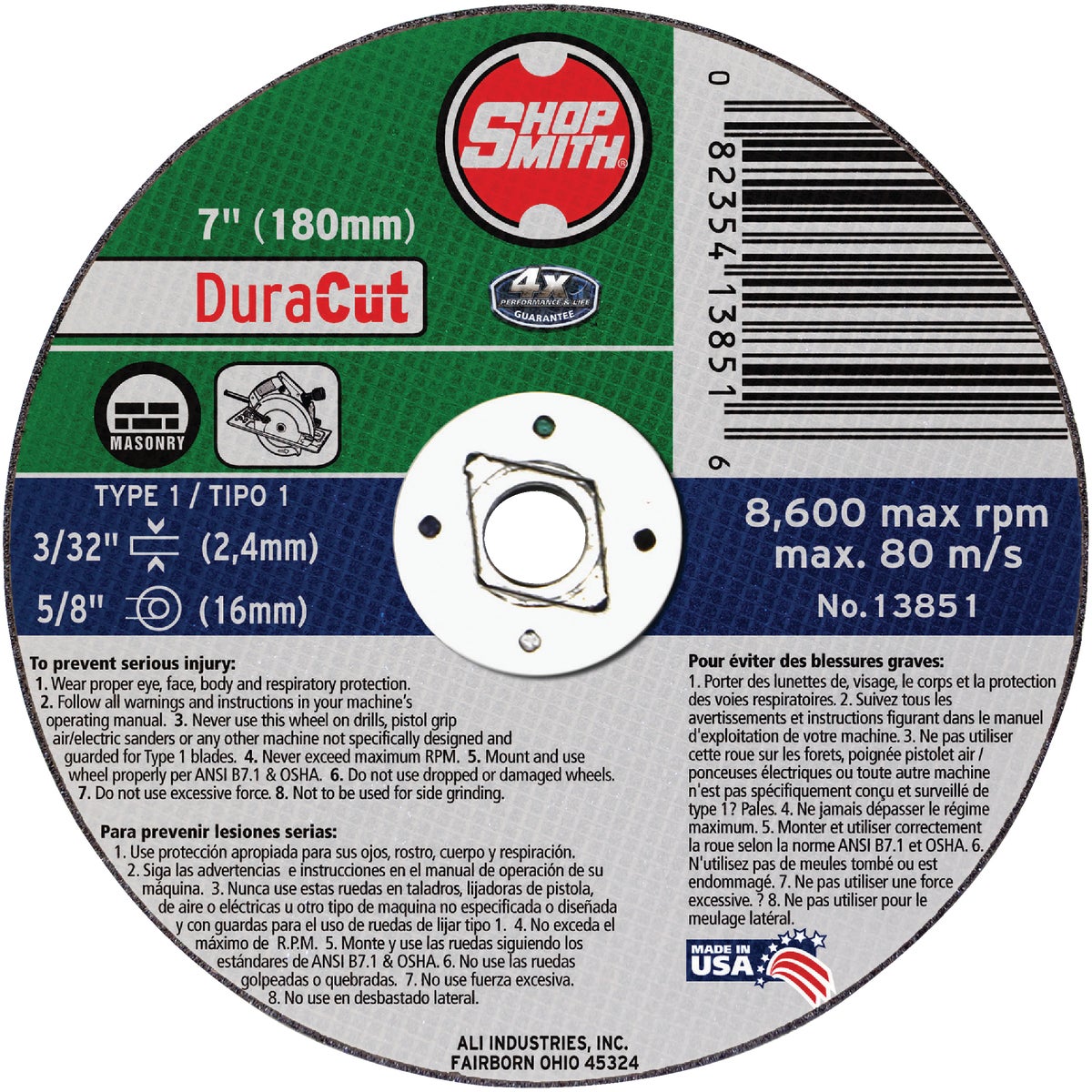 7" Shopsmith Duracut Type 1 Masonry Cut-off Wheel - Model 13851