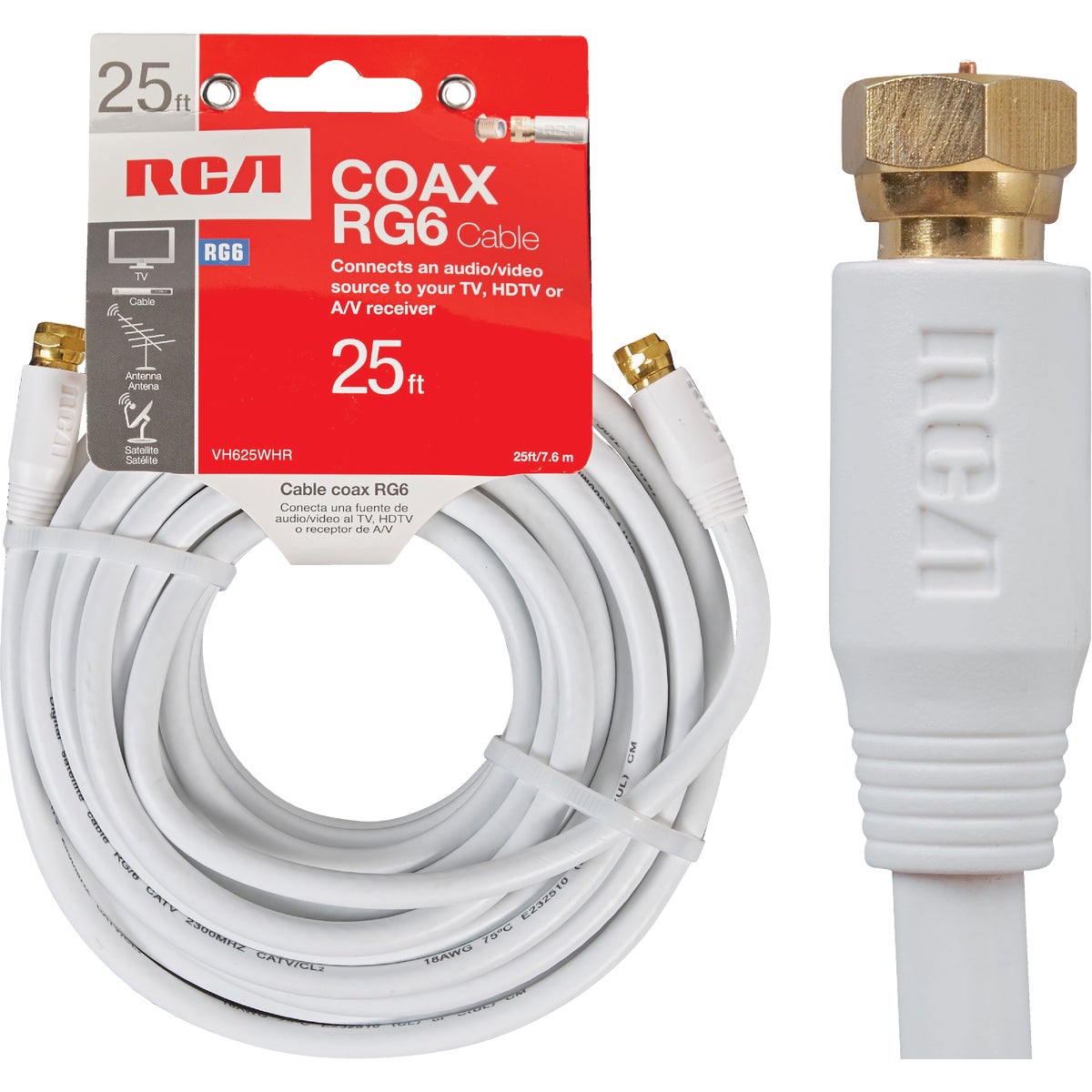 RG6 Coaxial Cable With  F  Connectors, White, 25 Ft.