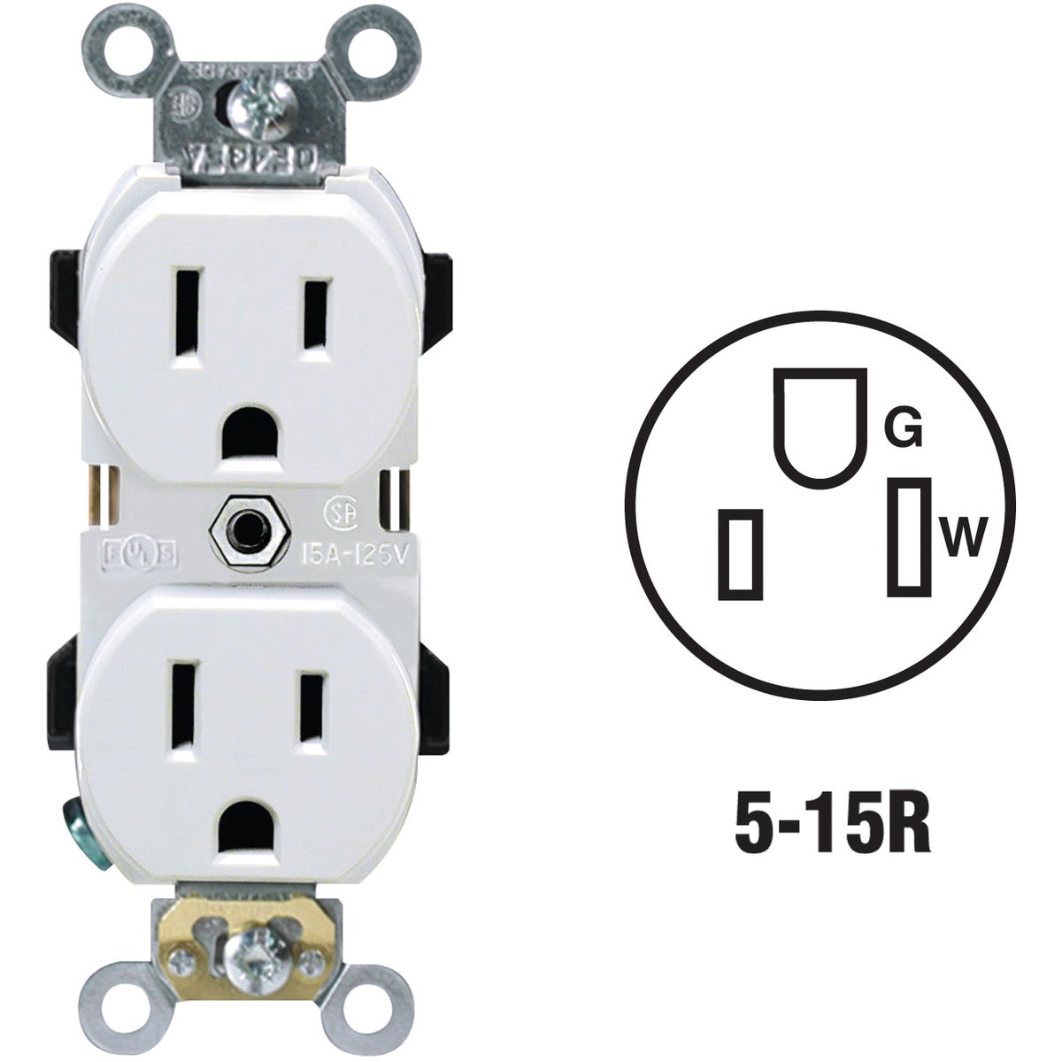 15a White Industrial Grade 5-15r Duplex Outlet - R72-05252-0ws