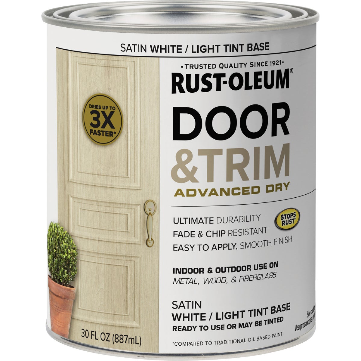 Door and Trim Paint, Interior/Exterior, Water Based, Satin White/Light Tint Base, Quart