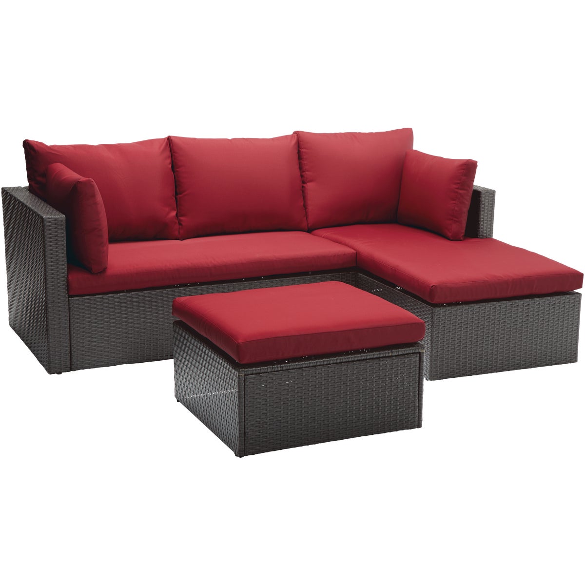 Outdoor Expressions - Loft Brown Wicker Sectional Set with Red Cushions and Ottoman