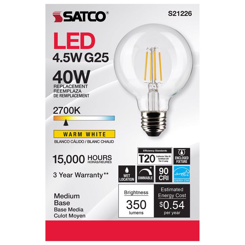 Satco Lighting S21226 4.5 Watt Vintage Edison Dimmable G25 Medium (E26) Led Bulb - Clear