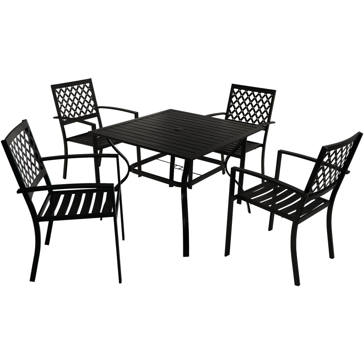 5-piece Black Slat Dining Set With Steel Frames And Umbrella Hole