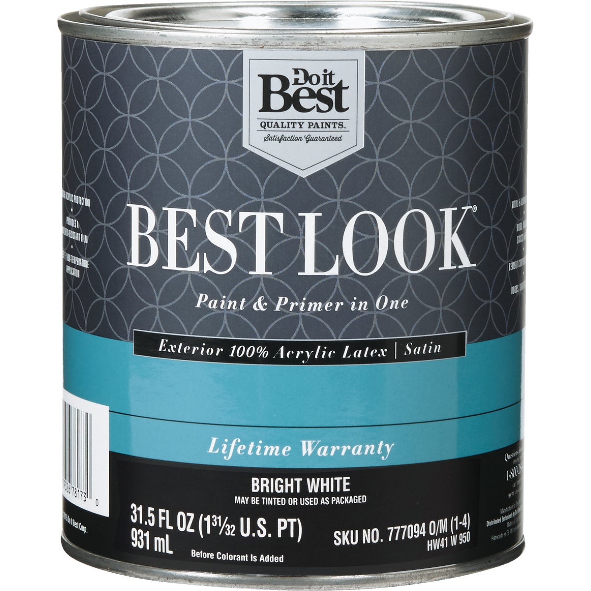 Best Look 100% Acrylic Latex Premium Satin Exterior Paint & Primer, Bright White, 1 Quart