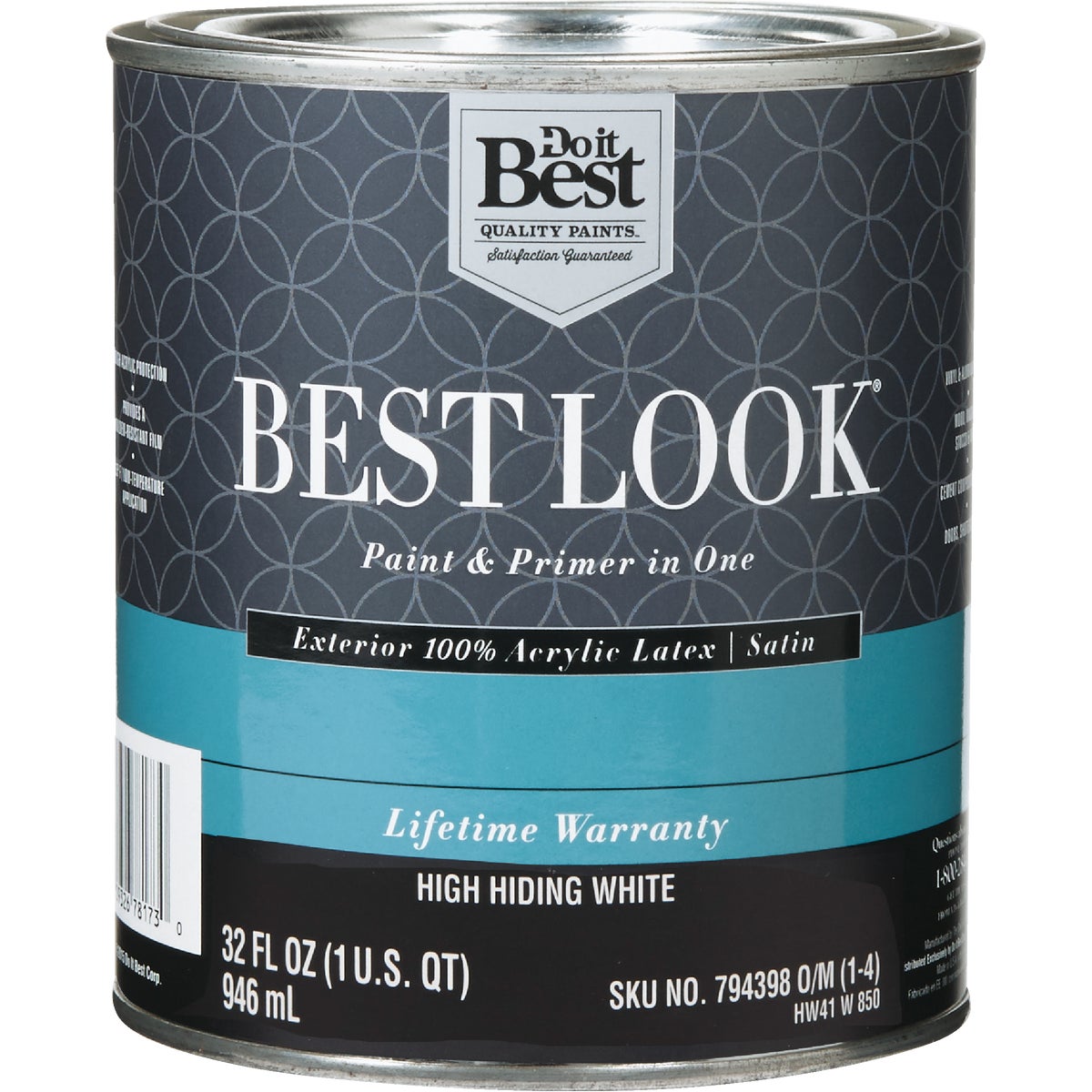 Best Look 100% Acrylic Latex Premium Satin Exterior Paint & Primer, High Hiding White, 1 Quart