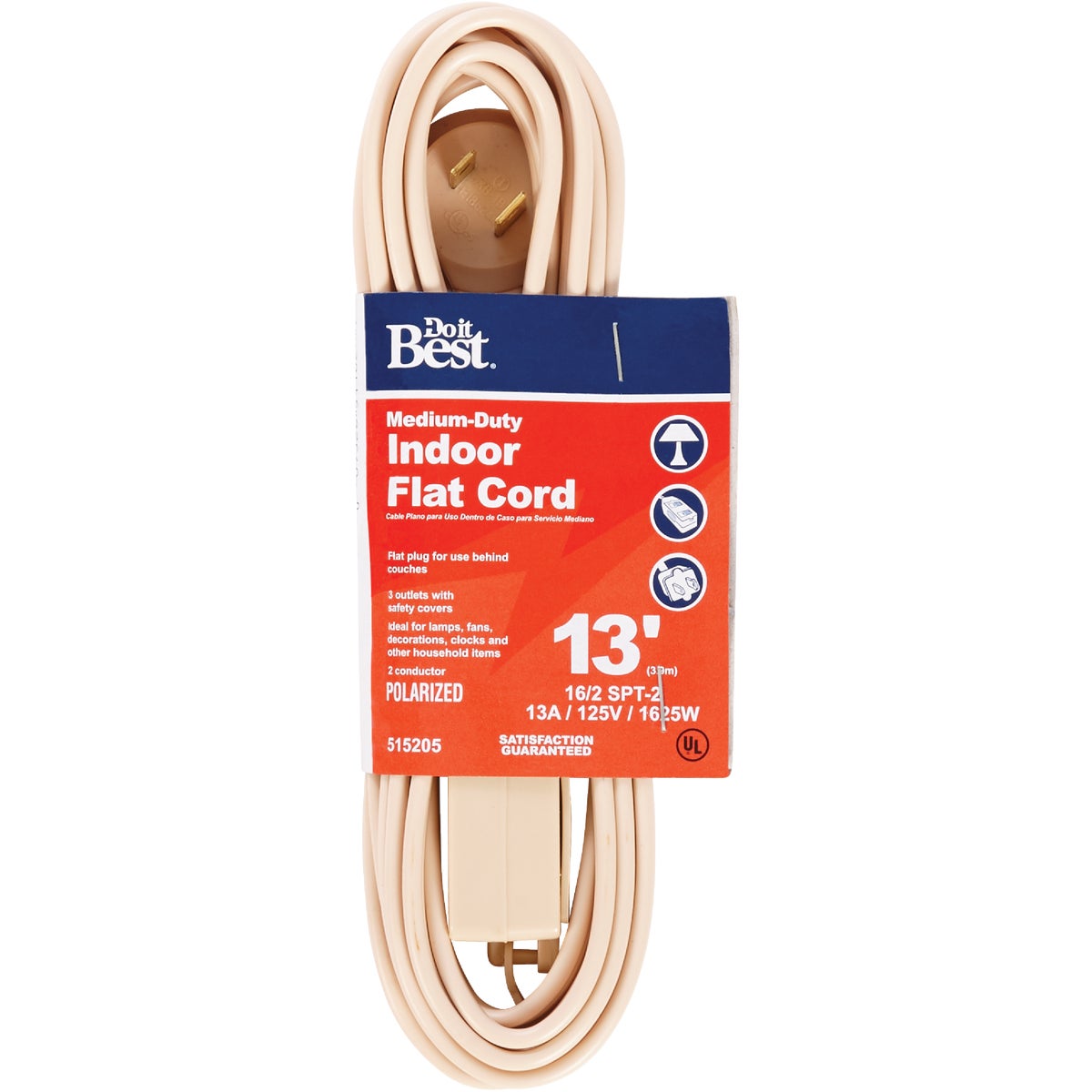 13 Foot 16/2 Flat Plug Tan Indoor Extension Cord With 3 Outlets