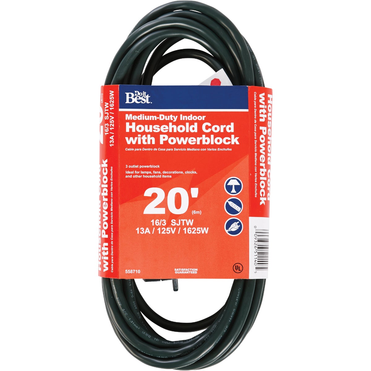 20 Foot 16/3 3-outlet Green Extension Cord With Powerblock
