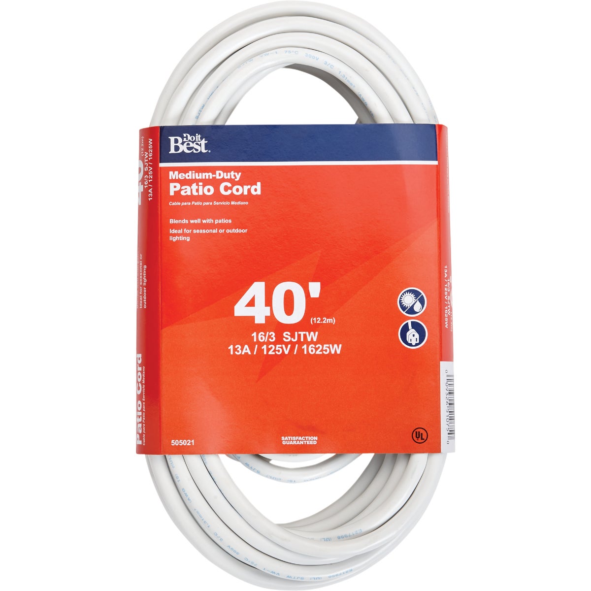 40 Feet 16/3 Medium-duty White Patio Extension Cord For Outdoor Use