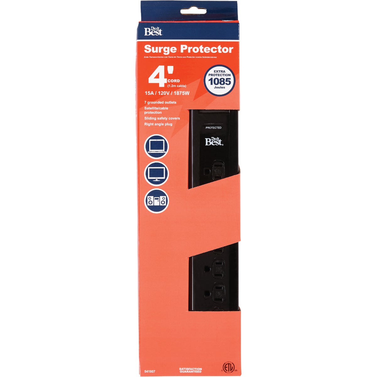 7-outlet 1085 Joule Black Multimedia Surge Protector Strip With Coax Cable