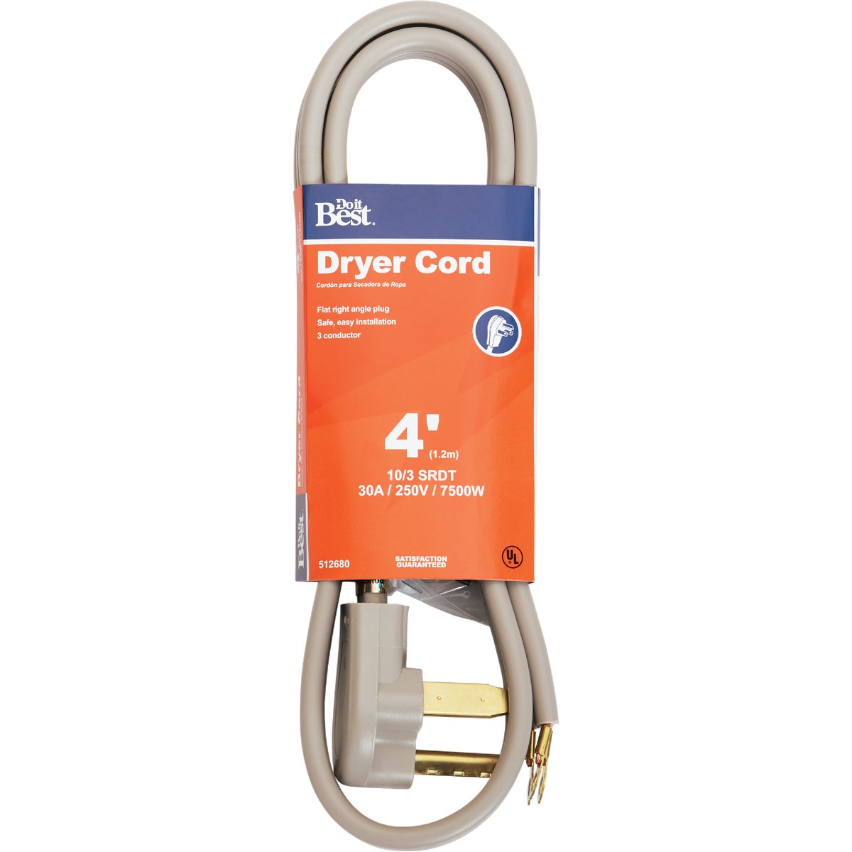 4 Foot 10/3 30 Amp Dryer Cord With Molded Plug And Strain Relief