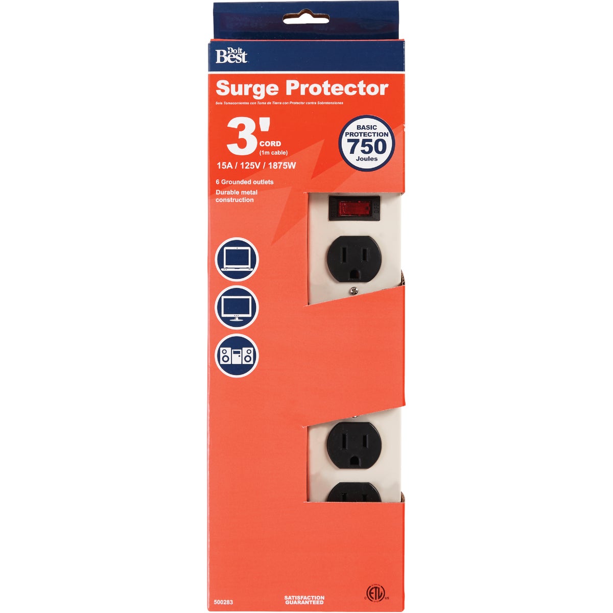 6-outlet 750 Joule Gray Metal Surge Protector Strip With 3 Foot Cord