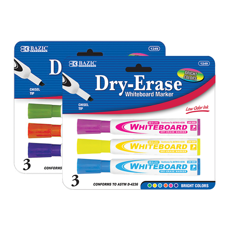 Bazic Products - Bright Colors Assorted Dry Erase Markers - 3 Pak