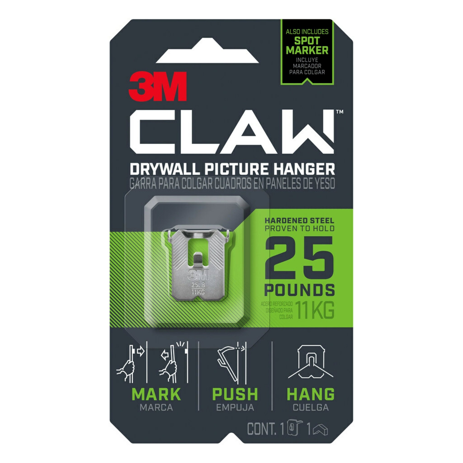 3M Claw 25 Lb. Drywall Picture Hanger with Temporary Spot Marker, 1 Hanger, 1 Marker