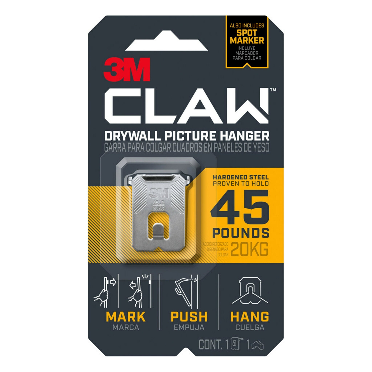 3M Claw Drywall Picture Hanger with Temporary Spot Marker, Holds 45 Lb., 1 Hanger, 1 Marker