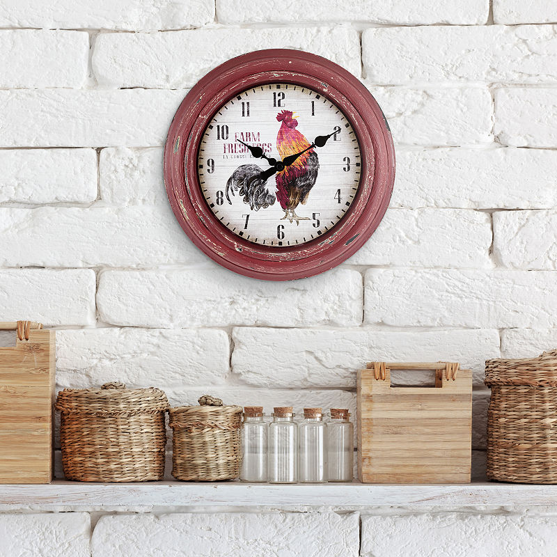 12-Inch Analog Wall Clock with Distressed Red Rooster Design