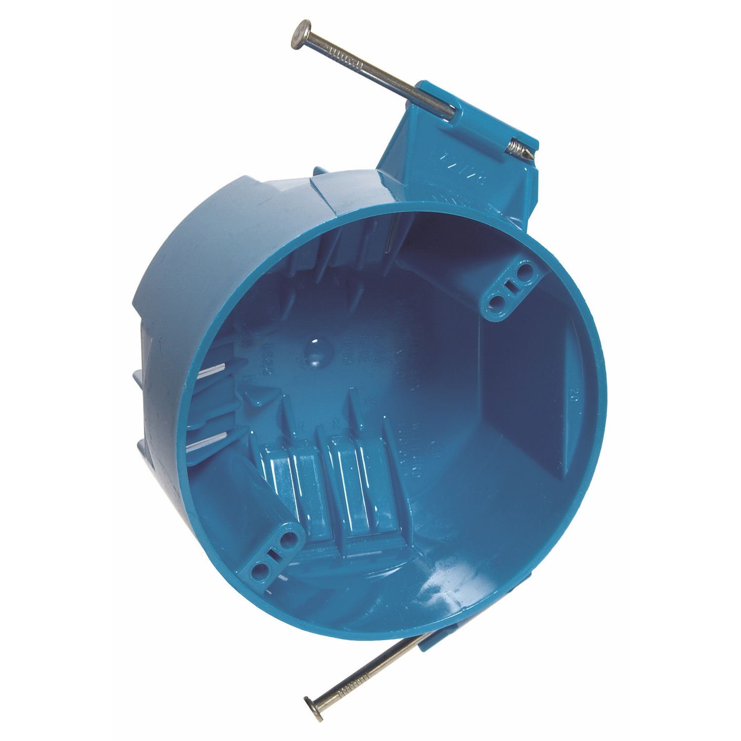 New Work Ceiling Fixture with Deep Blue PVC Junction Box, 2 and 1 Quarter Inch by 4 Inch Round