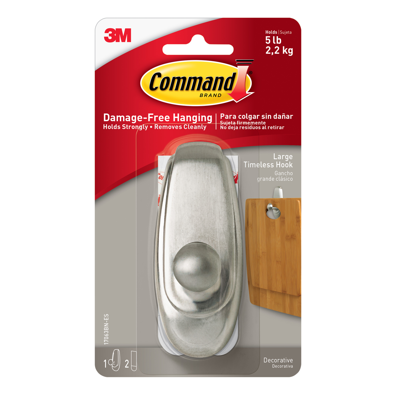 Command Large Timeless Hook, Brushed Nickel, 1 Hook, 2 Strips