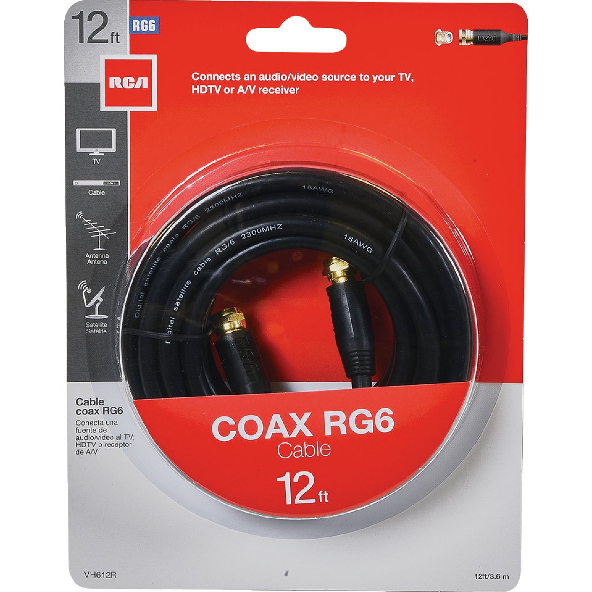 12 Ft. Black Rg6 Coaxial Cable With F Connectors For Audio And Video Devices